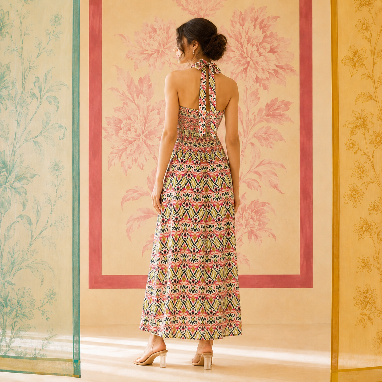 Multicolored Ikat Halter Neck Dress