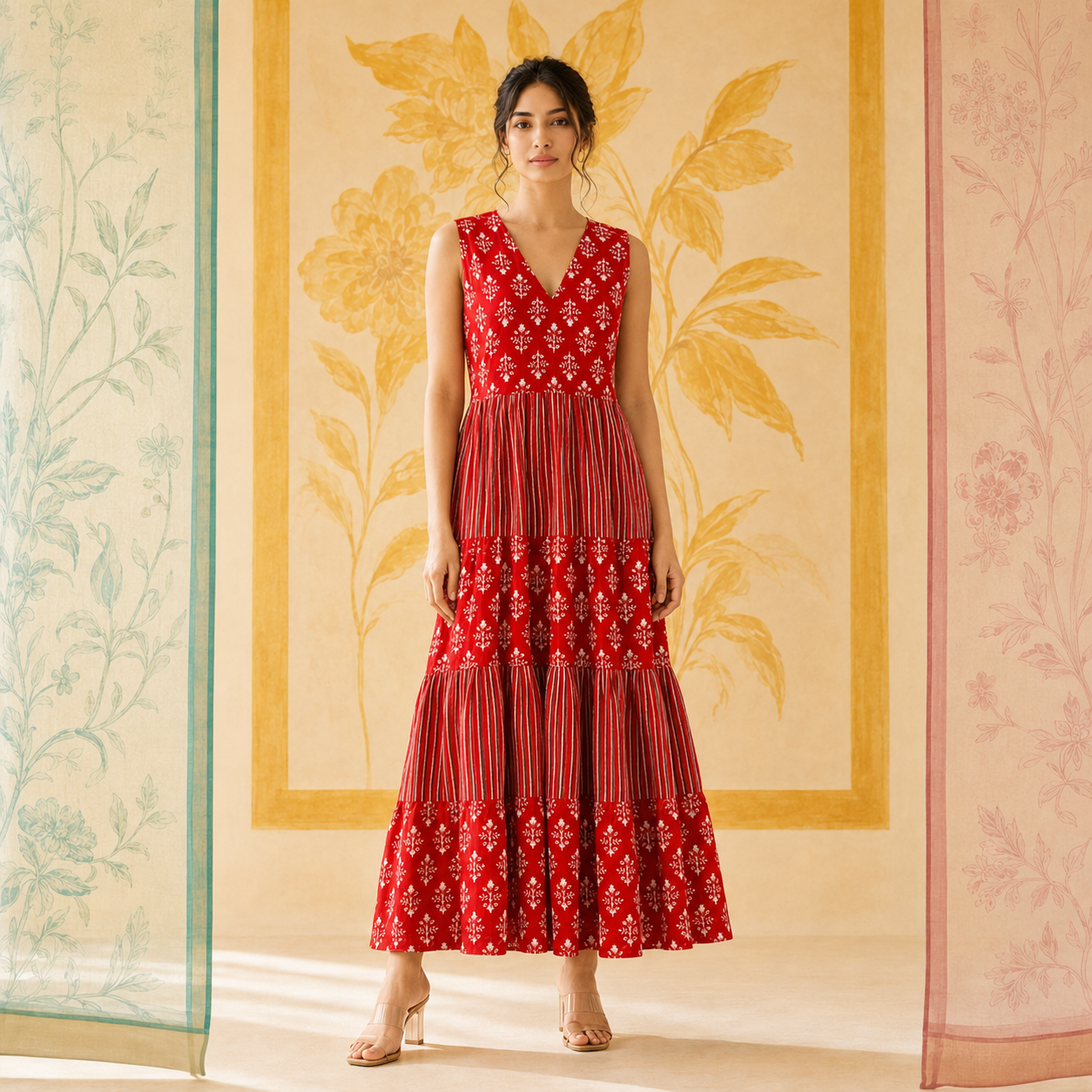 Red Cotton Tiered Dress