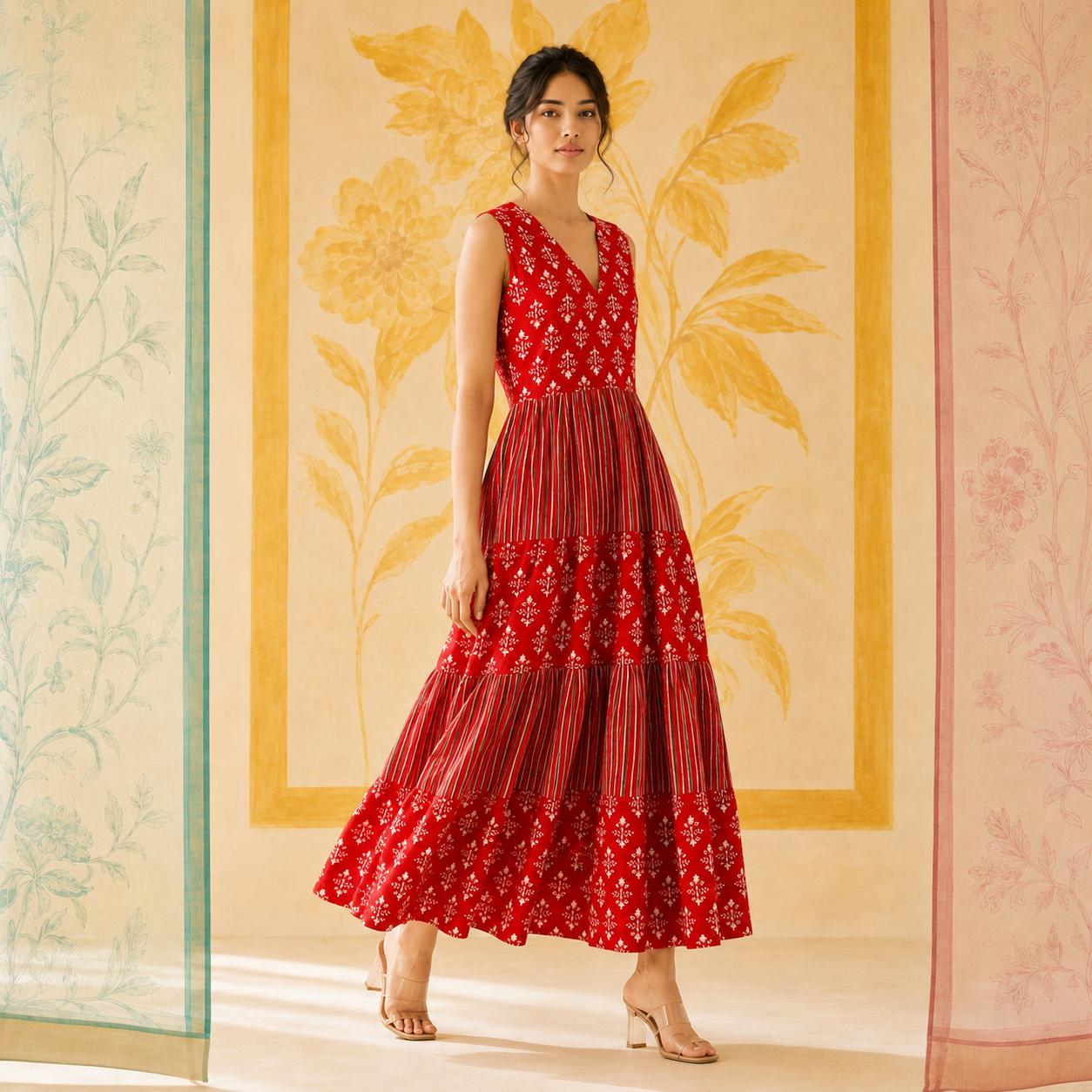 Red Cotton Tiered Dress