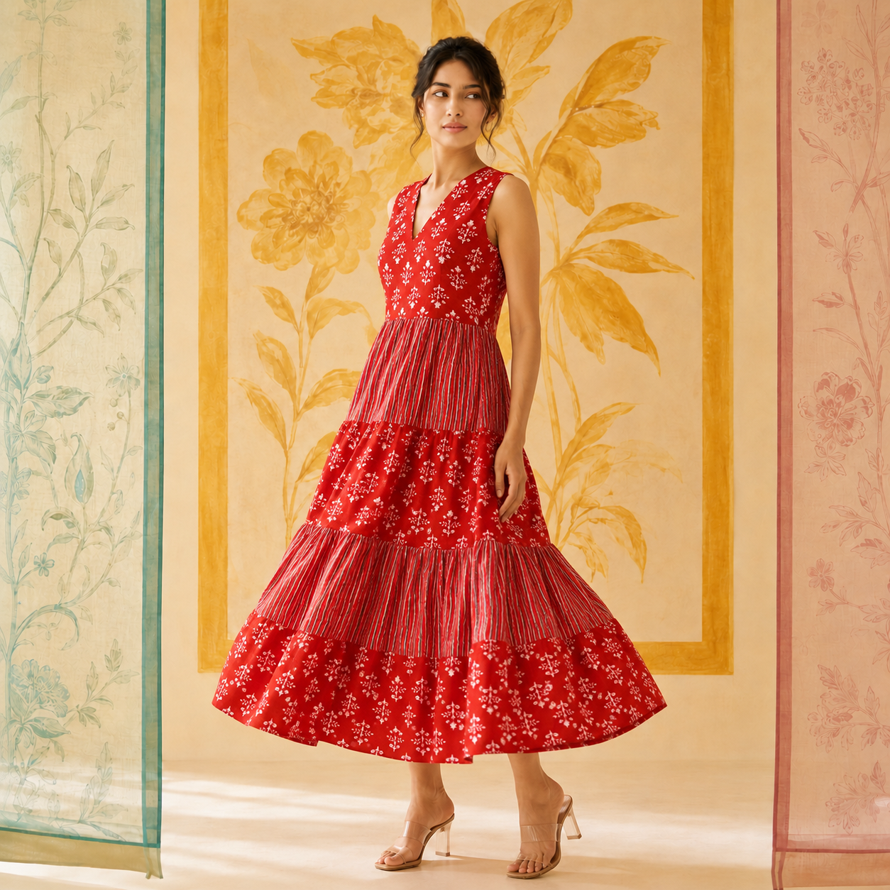 Red Cotton Tiered Dress
