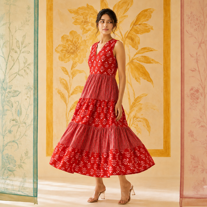 Red Cotton Tiered Dress