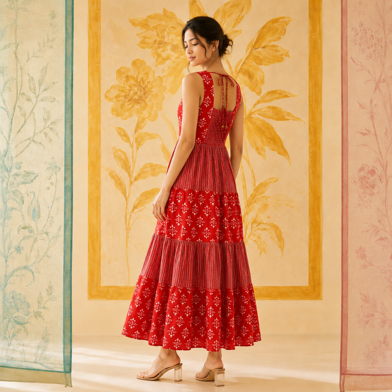 Red Cotton Tiered Dress
