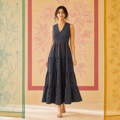 Blue Cotton Tiered Dress