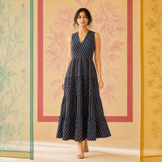 Blue Cotton Tiered Dress