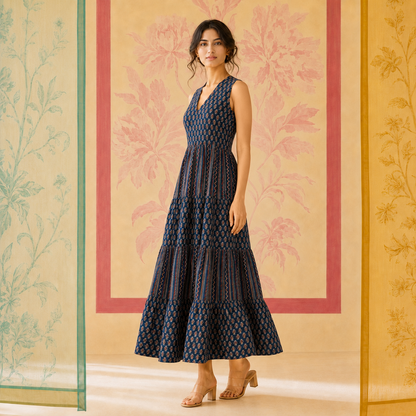 Blue Cotton Tiered Dress
