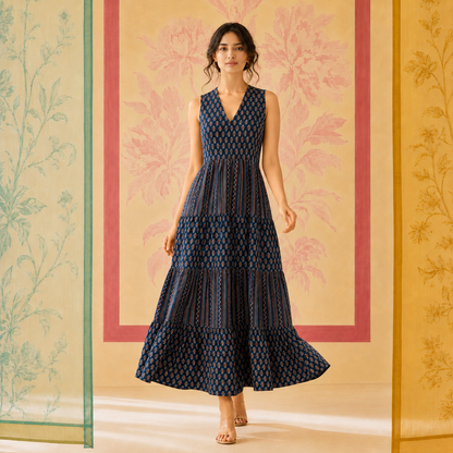 Blue Cotton Tiered Dress