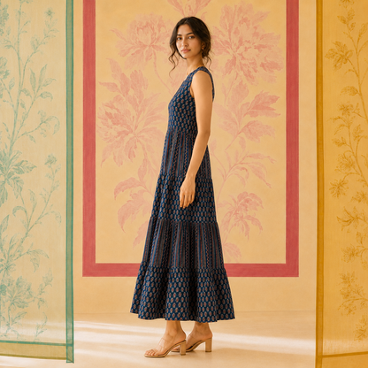 Blue Cotton Tiered Dress