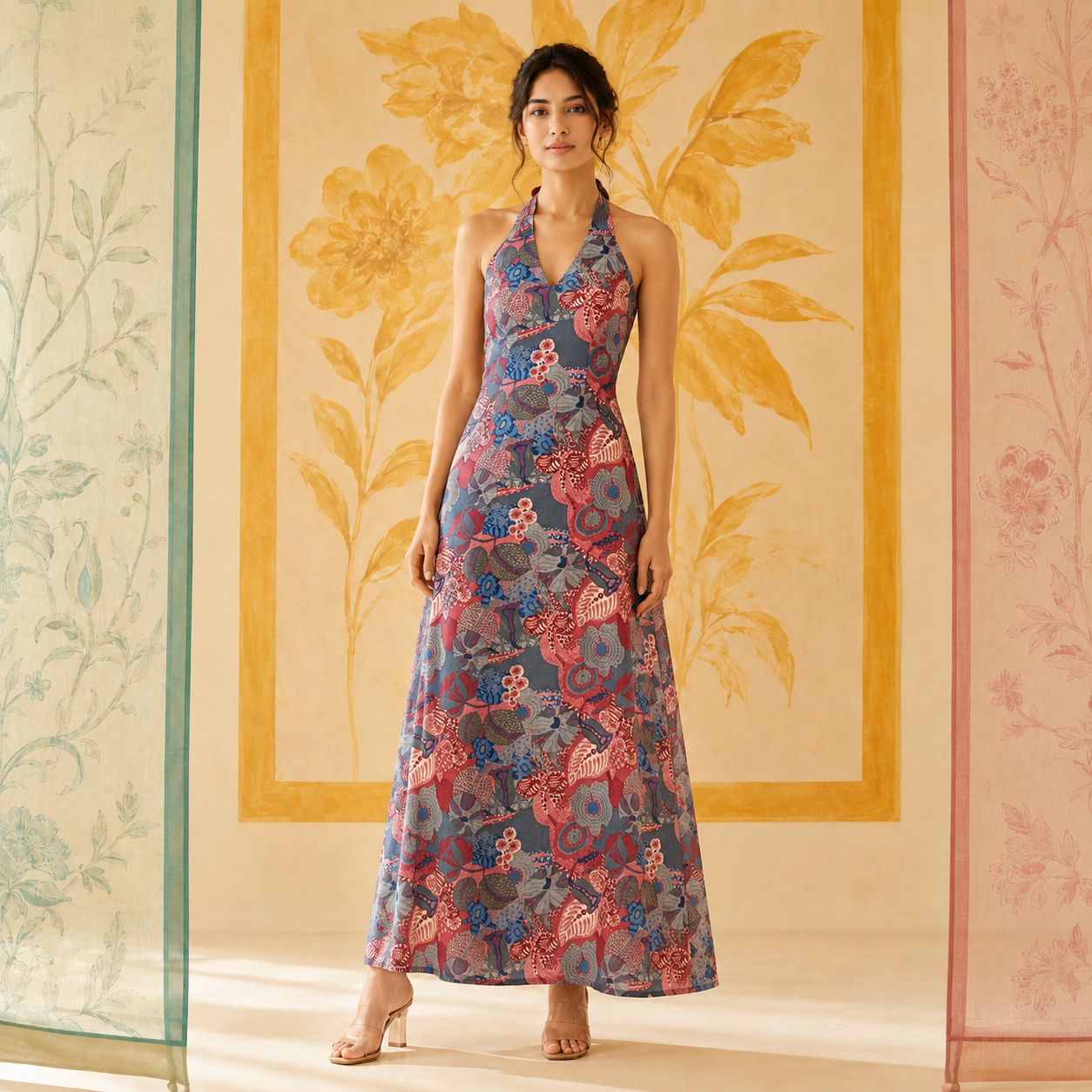 Multicolored Abstract Halter Neck Dress