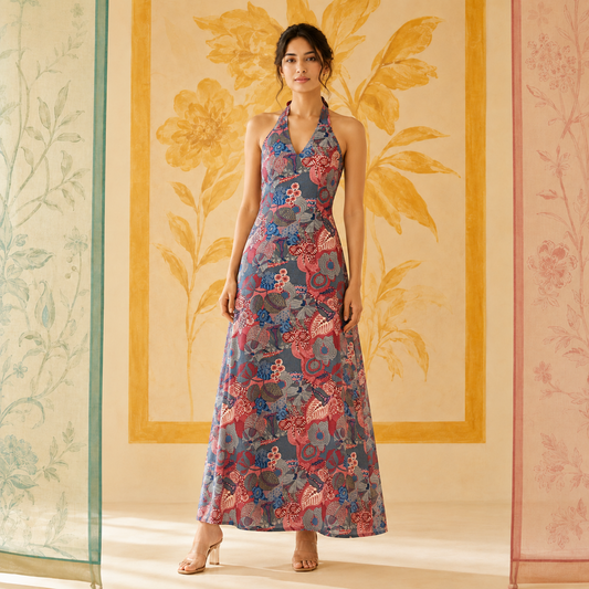 Multicolored Abstract Halter Neck Dress