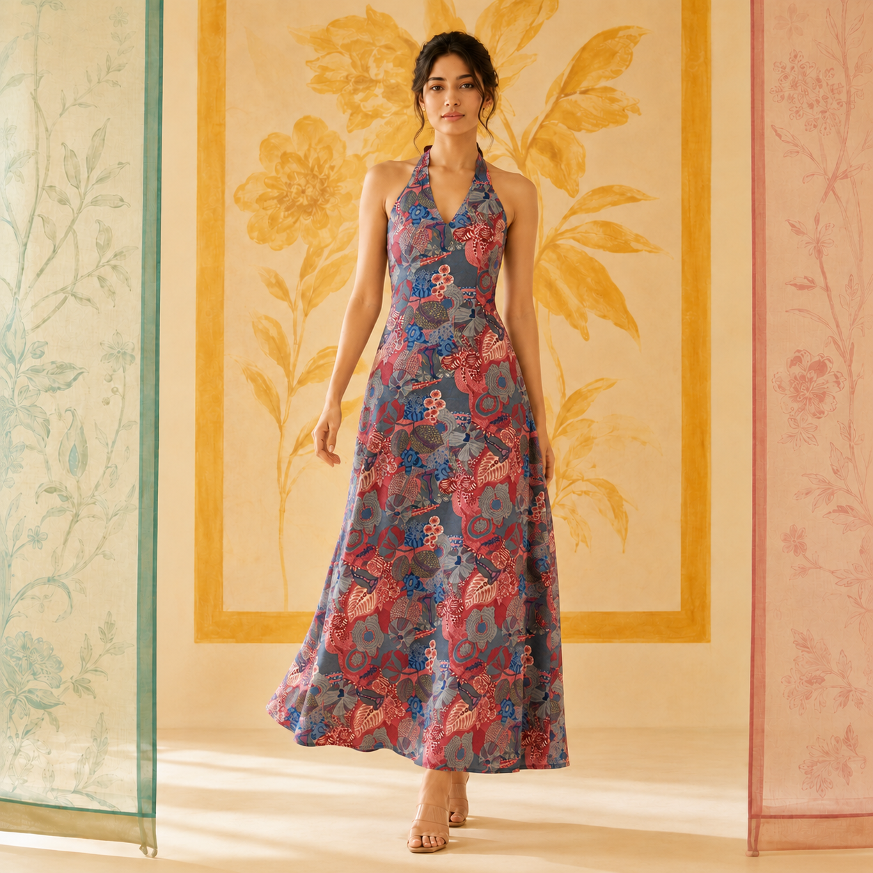 Multicolored Abstract Halter Neck Dress