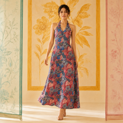 Multicolored Abstract Halter Neck Dress