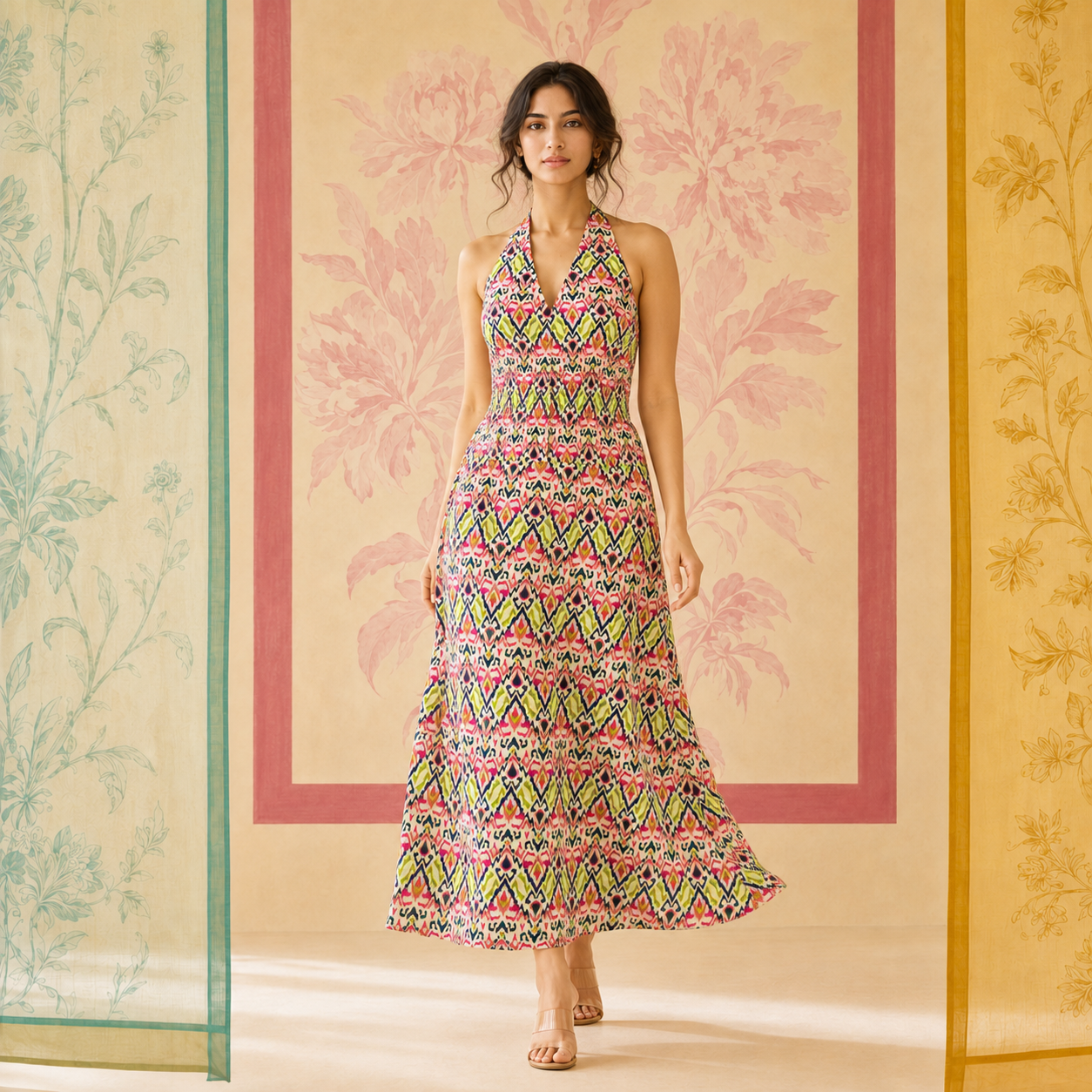 Multicolored Ikat Halter Neck Dress