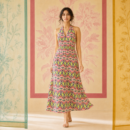 Multicolored Ikat Halter Neck Dress