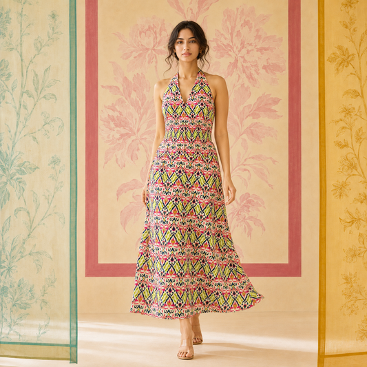 Multicolored Ikat Halter Neck Dress