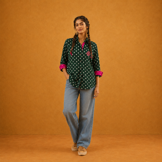 Green Bandhani Hand-Embroidered Shirt