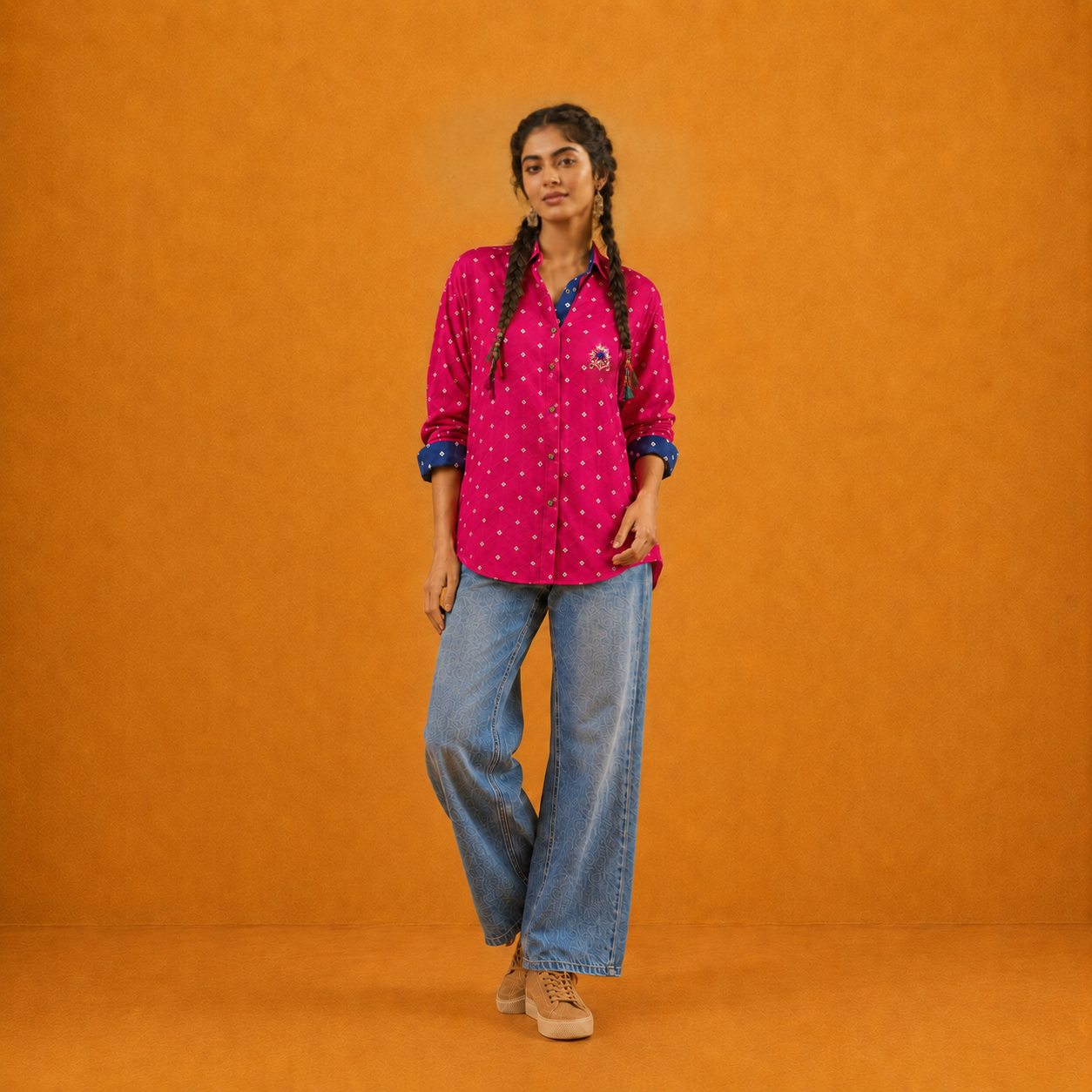 Fuchsia Bandhani Hand-Embroidered Shirt