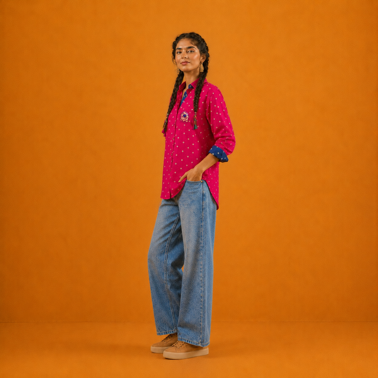 Fuchsia Bandhani Hand-Embroidered Shirt