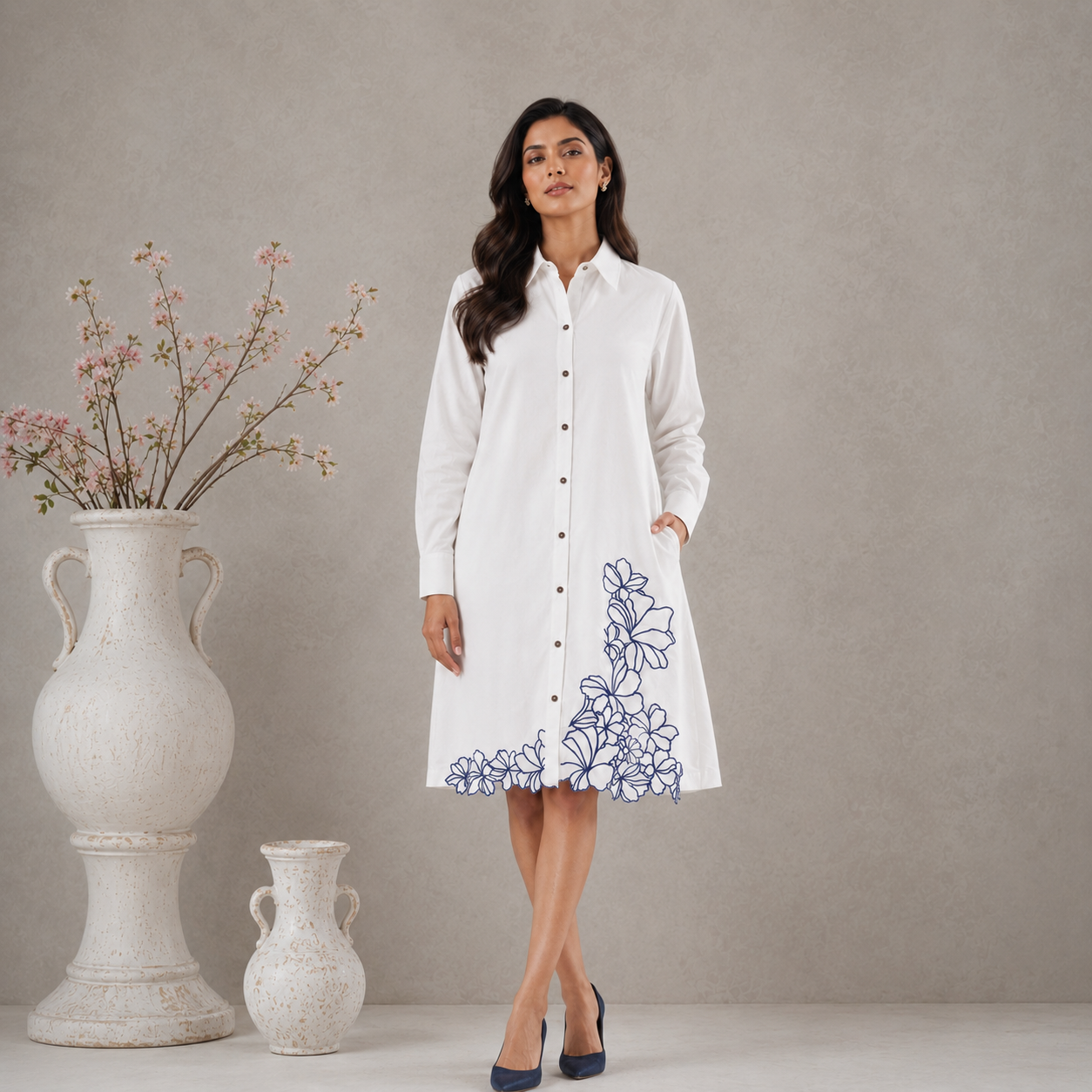 White Cotton Floral embroidered Shirt dress with Pockets