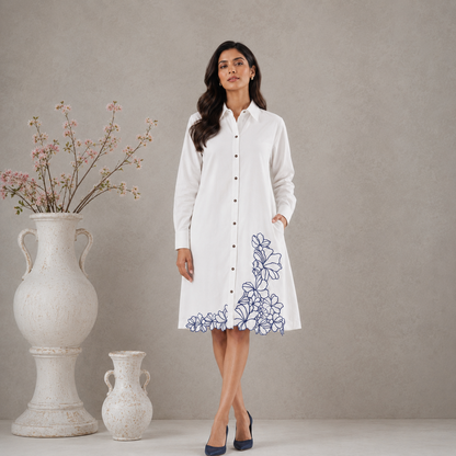 White Cotton Floral embroidered Shirt dress with Pockets