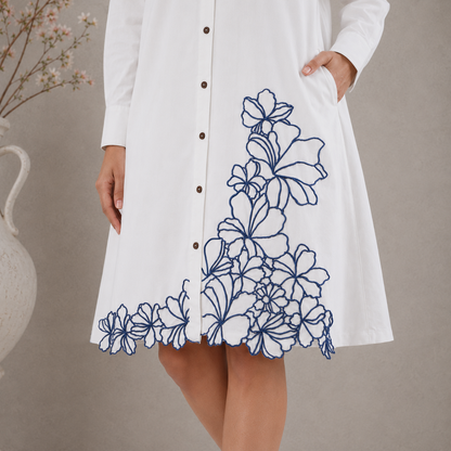 White Cotton Floral embroidered Shirt dress with Pockets