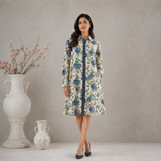 Blue Flax Printed Shirt dress with Pockets