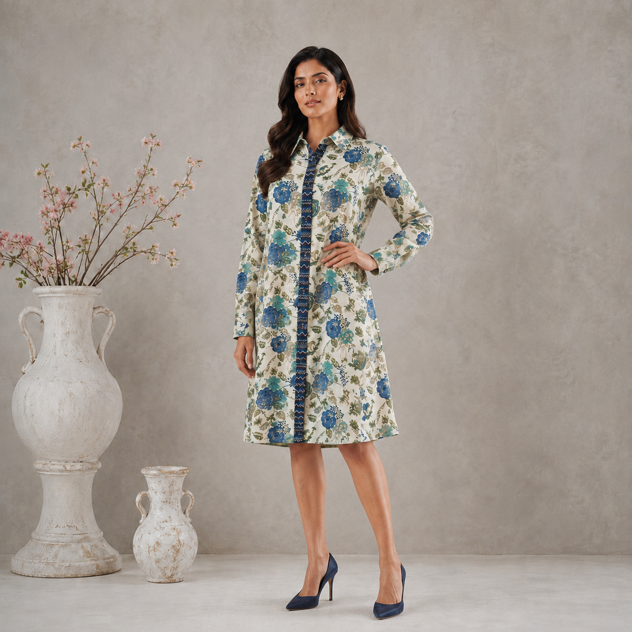 Off-White & Blue Floral Print Shirt Dress - Detail View - Spring Soul