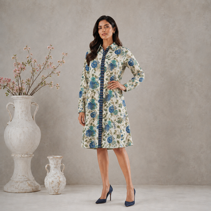Off-White & Blue Floral Print Shirt Dress - Detail View - Spring Soul