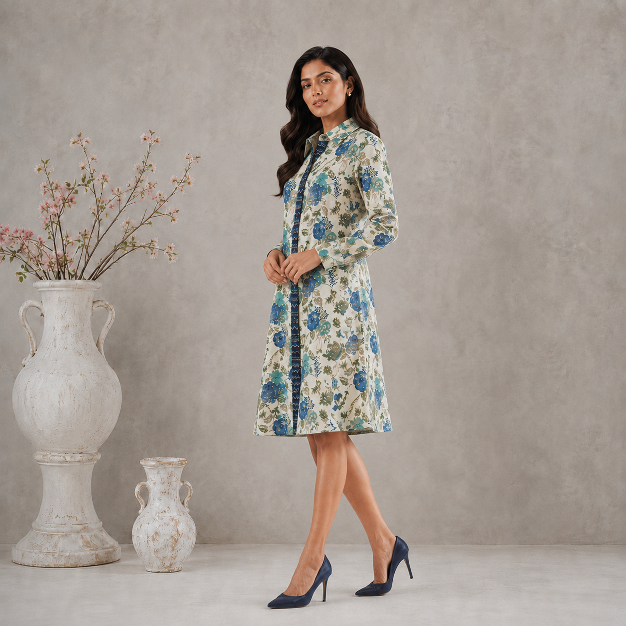 Blue Flax Printed Shirt dress with Pockets