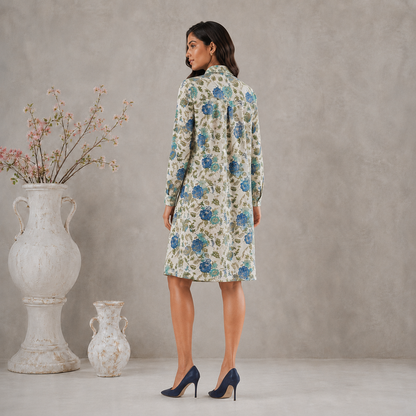Blue Flax Printed Shirt dress with Pockets