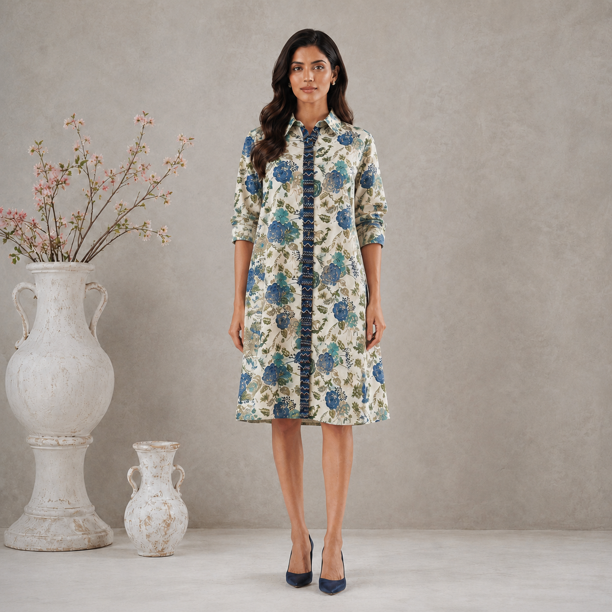 Blue Flax Printed Shirt dress with Pockets