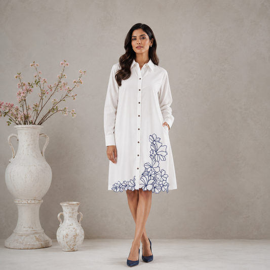 White Cotton Floral embroidered Shirt dress with Pockets