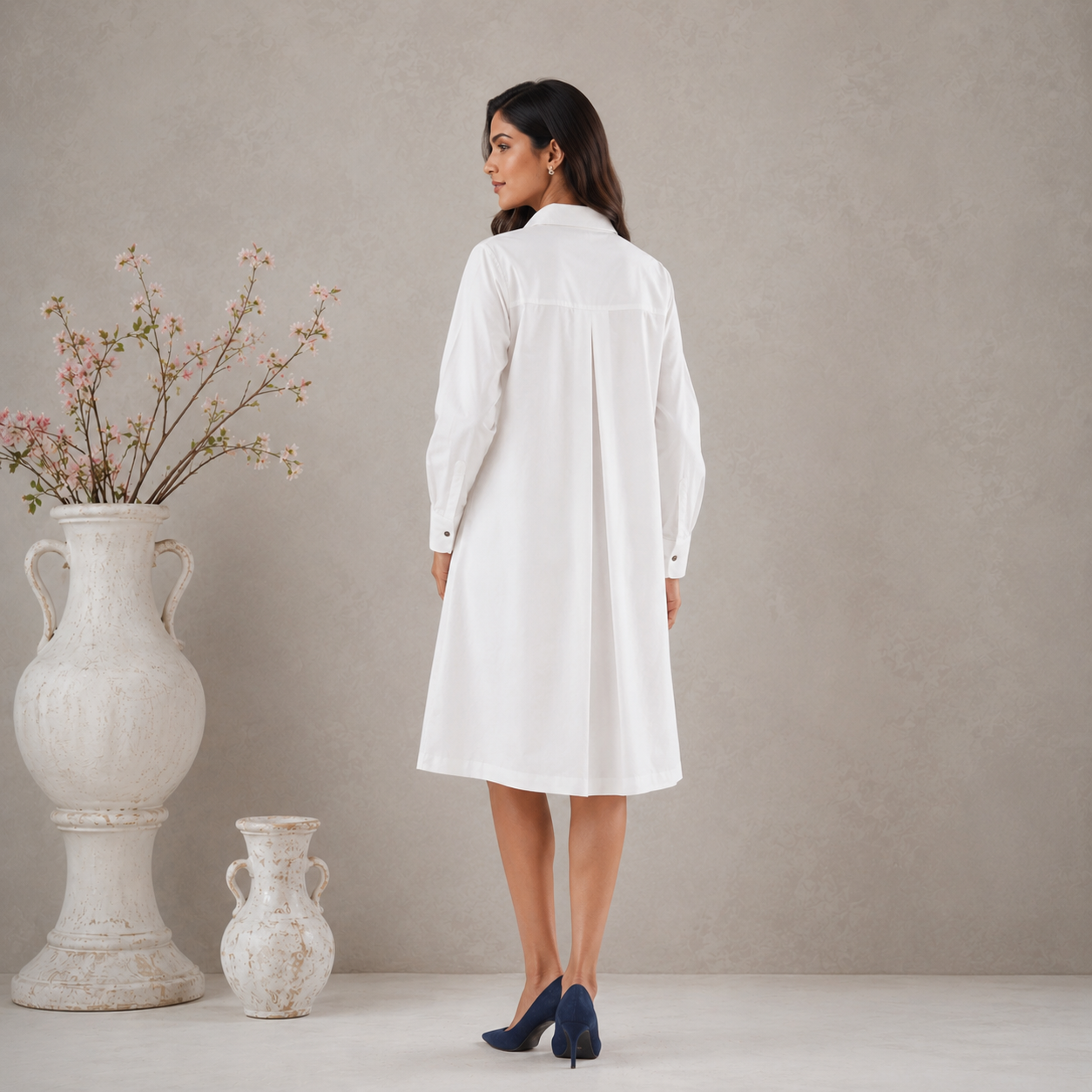 White Cotton Floral embroidered Shirt dress with Pockets