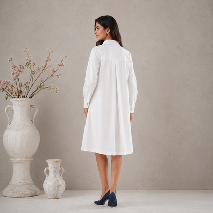 White Cotton Floral embroidered Shirt dress with Pockets
