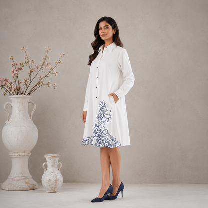 White Floral Embroidered Poplin Shirt Dress - Detail View - Spring Soul