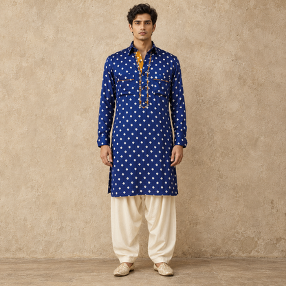 Blue Bandhani Hand Embroidered Kurta