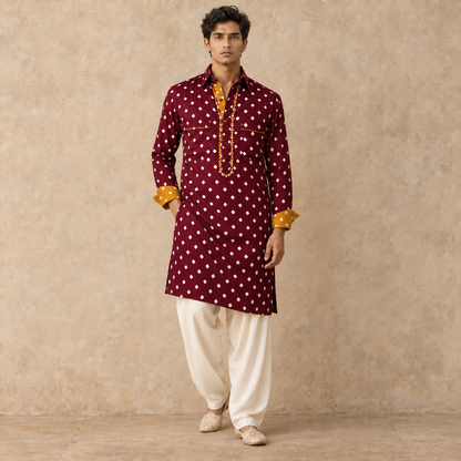 Wine Bandhani Hand Embroidered Kurta