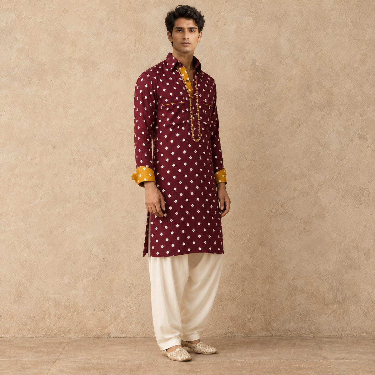 Wine Bandhani Hand Embroidered Kurta