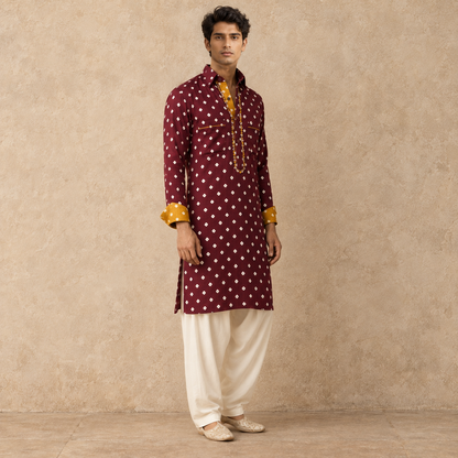 Wine Bandhani Hand Embroidered Kurta