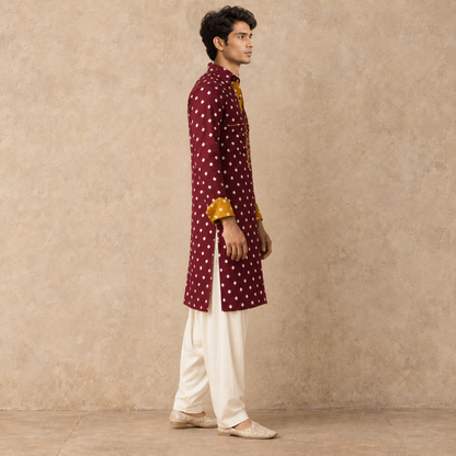 Wine Bandhani Hand Embroidered Kurta