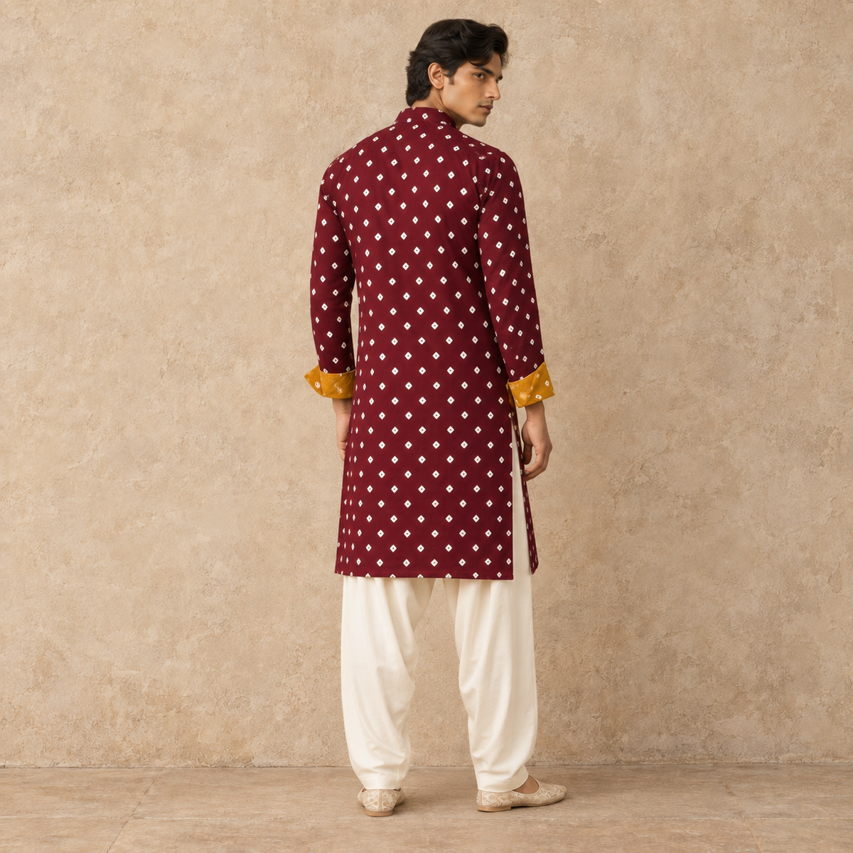 Wine Bandhani Hand Embroidered Kurta