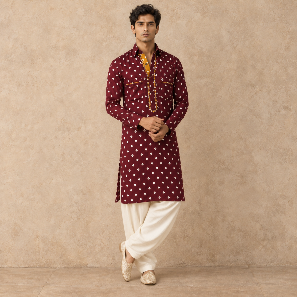 Wine Bandhani Hand Embroidered Kurta