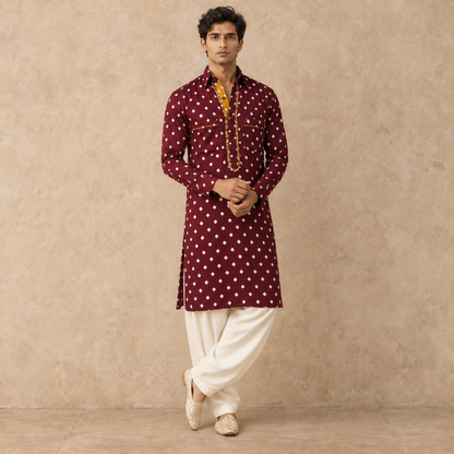 Wine Bandhani Hand Embroidered Kurta