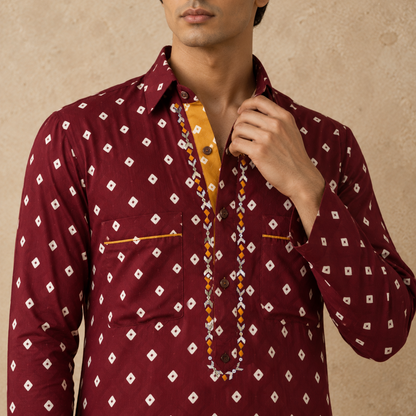 Wine Bandhani Hand Embroidered Kurta