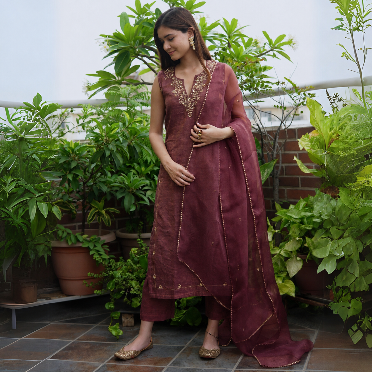 Wine Tissue Chanderi Suit Set with Dupatta