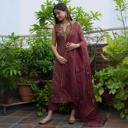 Wine Tissue Chanderi Suit Set with Dupatta
