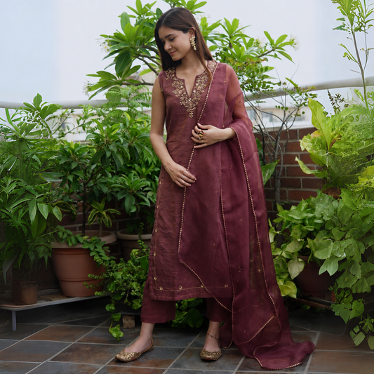 Wine Tissue Chanderi Suit Set with Dupatta