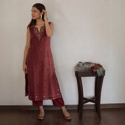 Wine Tissue Chanderi Suit Set with Dupatta