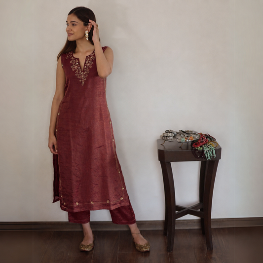Wine Tissue Chanderi Kurta Set