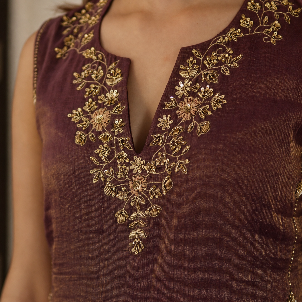 Wine Tissue Chanderi Suit Set with Dupatta