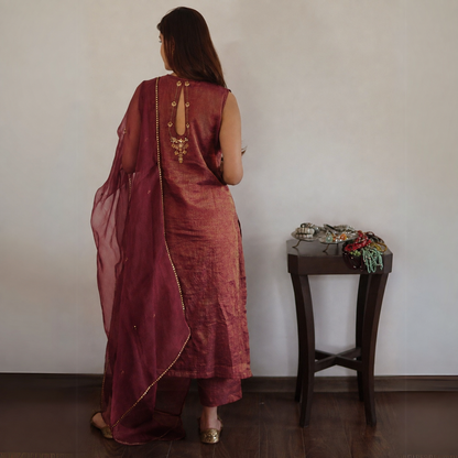 Wine Tissue Chanderi Kurta Set